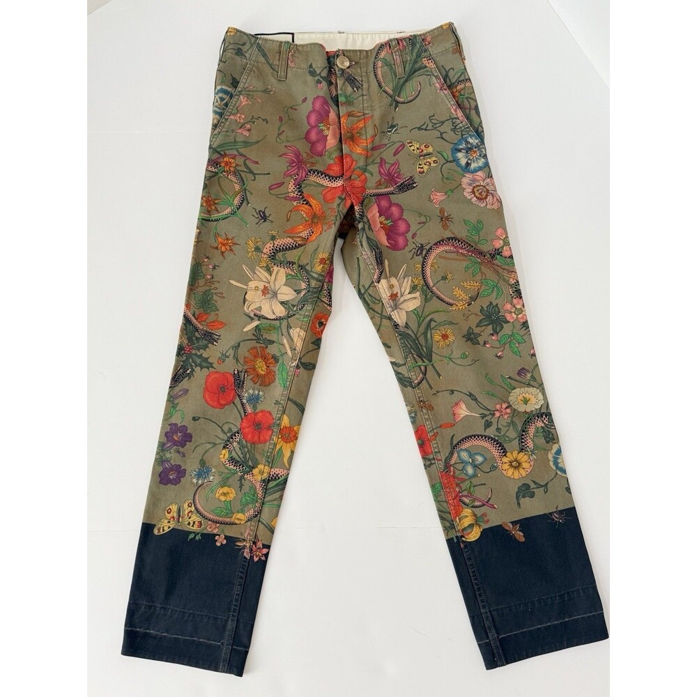 Gucci Floral Snake Print Slim Tapered Cotton Twill Pants - 29-30" Waist